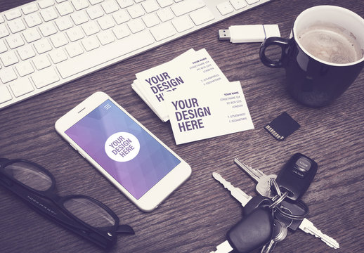 Smartphone and Business Cards on Wooden Table Mockup 1