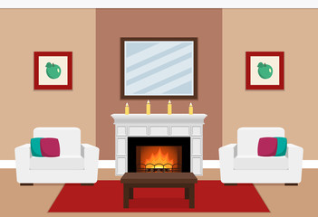 The interior of cozy living room with two white armchairs and fireplace in flat style. Vector illustration. 