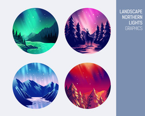 Set abstract circle vector landscape northern lights