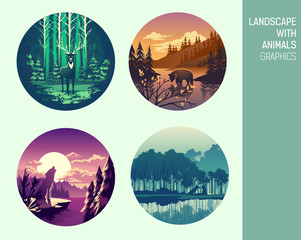 Set abstract circle vector landscape with animals graphics