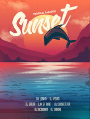 Summer vector poster sunset with dolphin