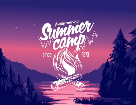 Summer camp typography design on vector valley