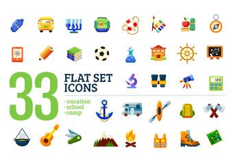 Flat set icons. Vacation. School. Camp.