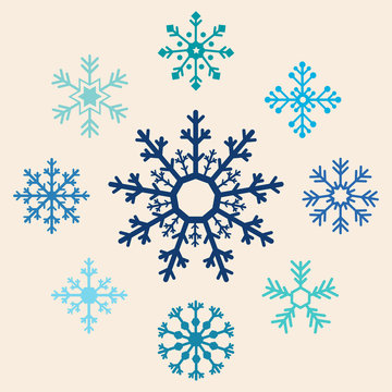 Set of Blue  Snowflakes. Flat Design Style.