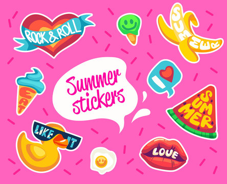 Set of Summer stickers. Retro beach emblems.