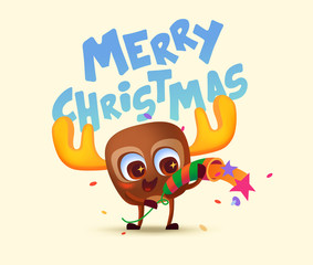 Merry Christmas illustration. New year card. Deer with petard.