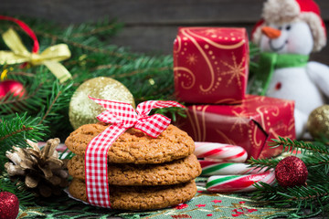 Christmas Composition.  Ginger cookies on wooden background.