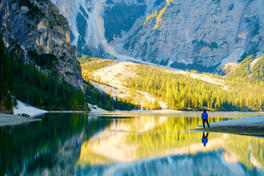 Man Traveler standing alone Braies Lake © Kavita