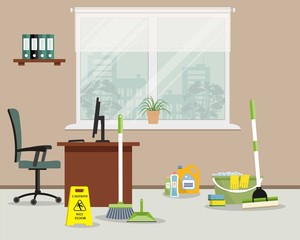 Cleaning in the office. Objects for cleaning in the office room. There is a "Caution! Wet floor" sign, a mop, a broom, a scoop near a workplace of office employee in the picture. Vector illustration