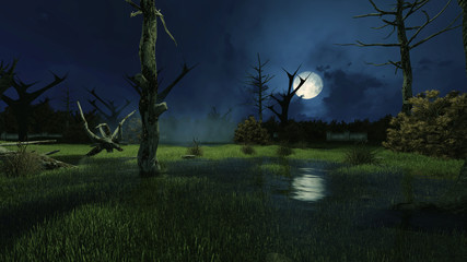 Sinister fairytale scenery with fantastic big moon above creepy swamp and spooky dead trees at misty night. Decorative Halloween 3D illustration. - obrazy, fototapety, plakaty