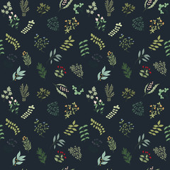 Seamless pattern of flowers, herbs and leaves