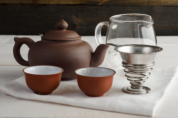 tea set on wooden background