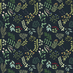 Seamless pattern of flowers, herbs and leaves