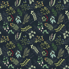 Seamless pattern of flowers, herbs and leaves