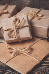 Christmas gifts box presents on brown
