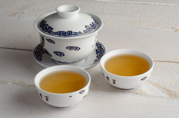 tea set on wooden background
