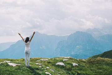 Traveler or hiker in the mountains in the National Park Triglav, Slovenia