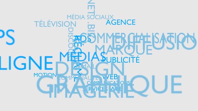 Marketing, branding word tag cloud - white, French variant, 3D rendering, UHD