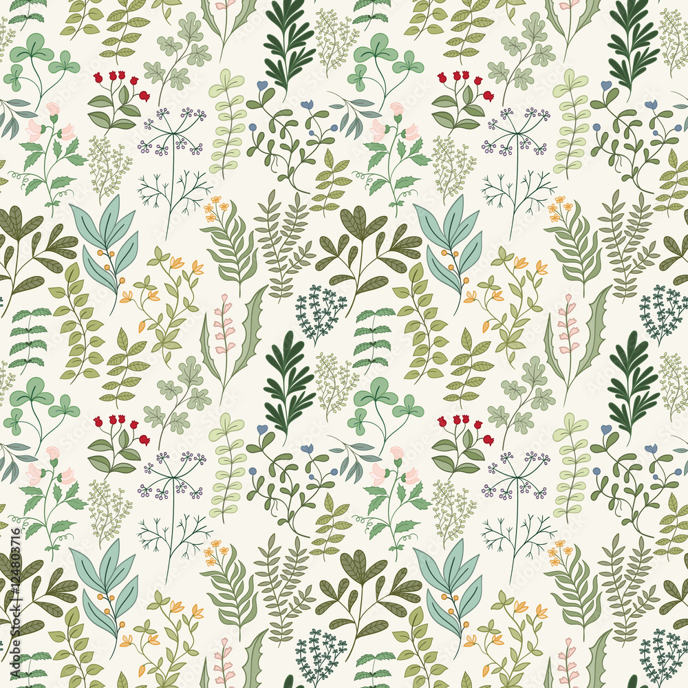 Wall mural seamless pattern of flowers, herbs and leaves