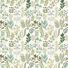 Seamless pattern of flowers, herbs and leaves - 124803716