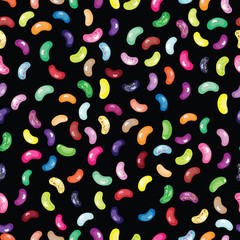Black seamless jelly beans vector pattern. Sweet candy jelly beans background. 