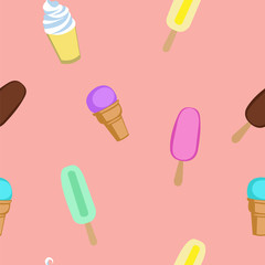 Ice cream, popsicle, frozen yogurt seamless vector pattern. Pink background.