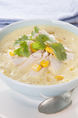 corn with slices of turkey, soup, cream 