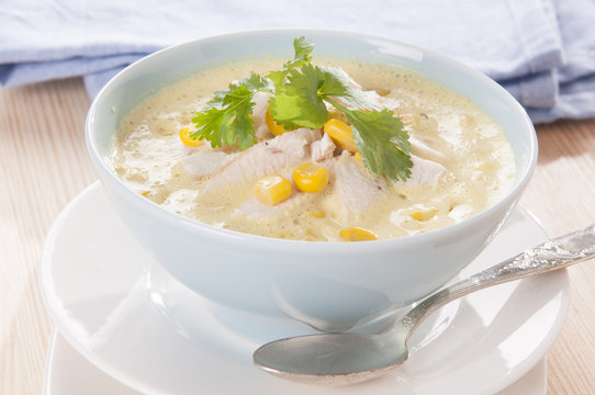 corn with slices of turkey, soup, cream 