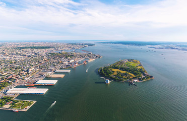 Aerial view of the Governors Island with Brooklyn in the background