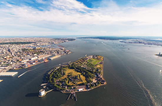 Aerial view of the Governors Island with Brooklyn in the background