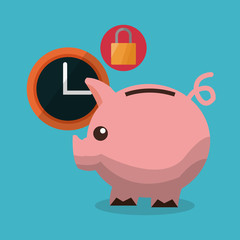 Piggy clock and padlock. Social network media and communication theme. Colorful design. Vector illustration
