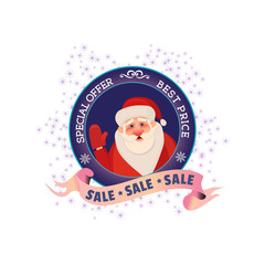 Winter sale concept. Best price holiday season badge with Santa. Special offer promotion emblem. Design element Christmas decoration. Background for festive hot deal advertisement. Vector illustration