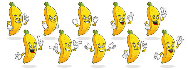 Banana mascot, Vector set of banana characters. Banana logo
