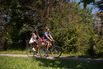 Naklejka premium Young multiethnic couple having a bike ride in nature