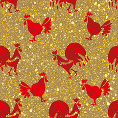 Red rooster on a gold background seamless pattern. Hand drawn Roosters and Hens.