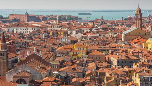 italy sunny day san marco campanile view point venice aerial roof top city panorama 4k time lapse
