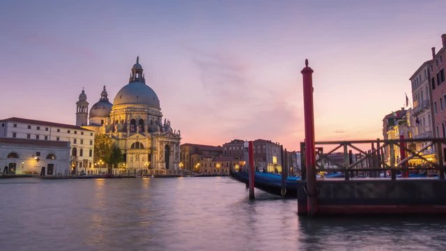 italy venice grand canal santa maria della salute basilica sunset water traffic panorama 4k time lapse
