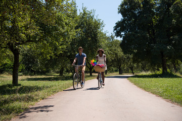 Obraz premium Young multiethnic couple having a bike ride in nature