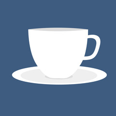 Simple white cup and saucer on isolated blue background.