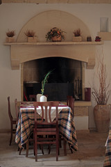 dining room table n fireplace