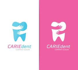 Vector tooth and hands logo combination. Dental clinic and embrace symbol or icon. Unique dent and medical logotype design template.