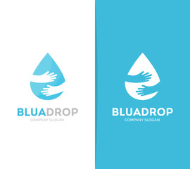 Vector drop and hands logo combination. Aqua and embrace symbol or icon. Unique water and oil logotype design template.