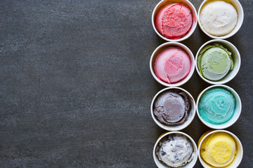 Top view Ice cream flavors in cup on blackground