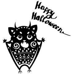 Happy Halloween, lettering, frightening demon on white