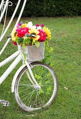 Fototapeta na wymiar bicycle with basket full of flowers standing in the grass