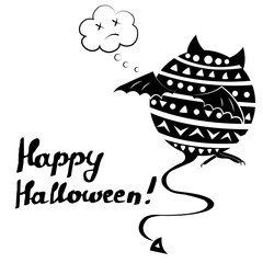 Happy Halloween, lettering, pained demon on white