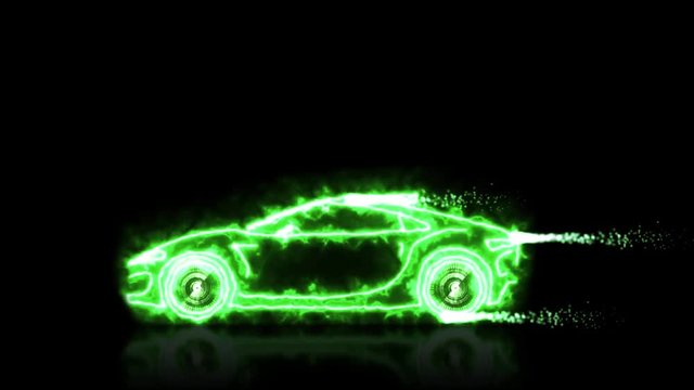 Abstract animation of eco green energy futuristic super car made with light beam wireframes on black isolated futuristic background. 