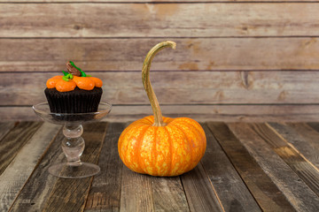 Fall pumpkin muffin with a decorative gourd