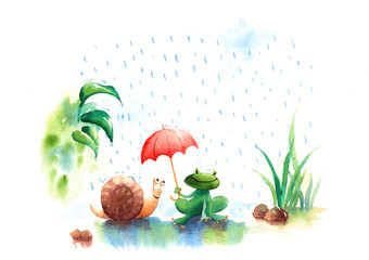 beautiful watercolor illustration of Rainy season frog and snail