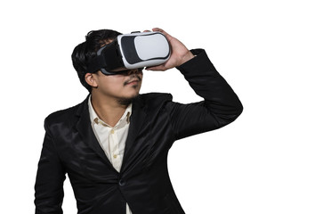 Asian Businessman wearing virtual reality on white background, i